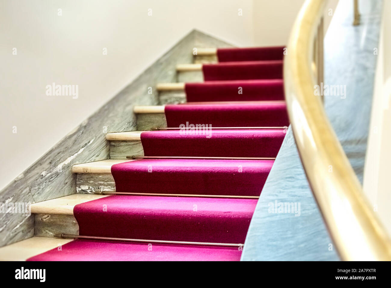 elegant staircase with a purple velvet carpet on the steps and a brass ...