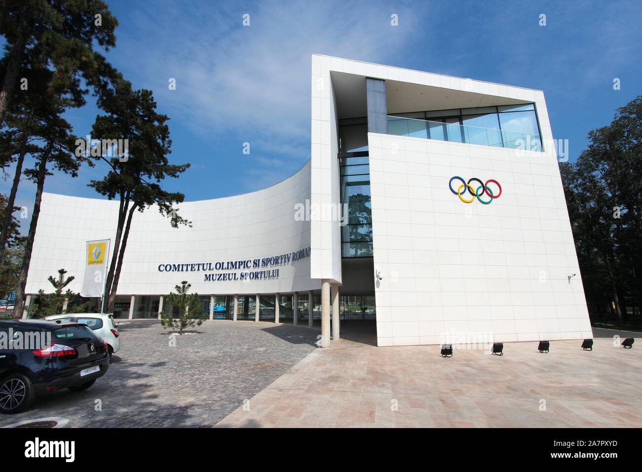 BUCHAREST, ROMANIA - AUGUST 19: Romanian Olympic Committee building on August 19, 2012 in Bucharest, Romania. The beautiful contemporary building was Stock Photo