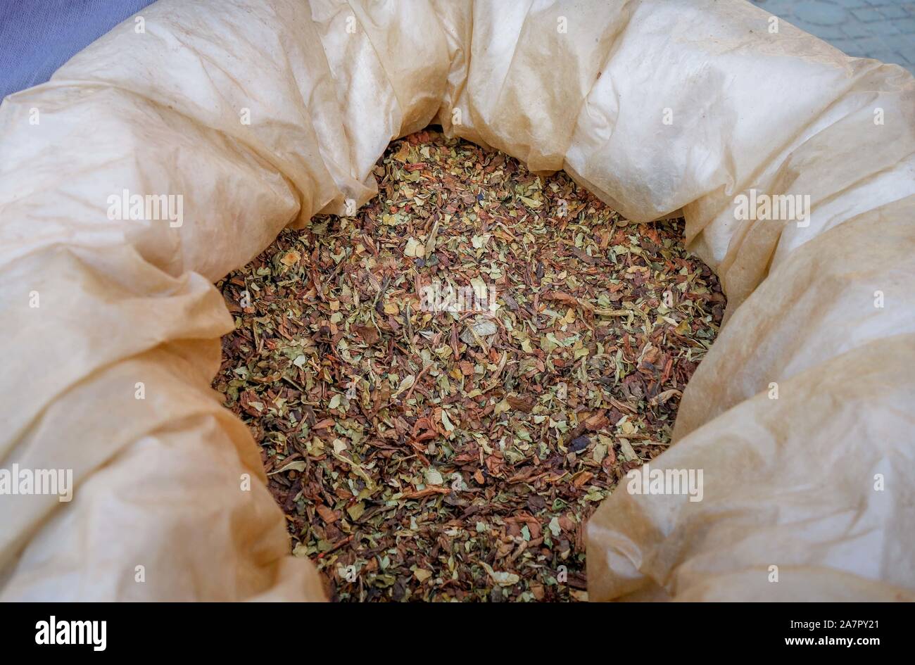 Picture of the grinded tabacco leaves grown by 85-year-old villager Ge, one  of the few tobacco leaf growers left in Huaibei city, east China's Anhui p  Stock Photo