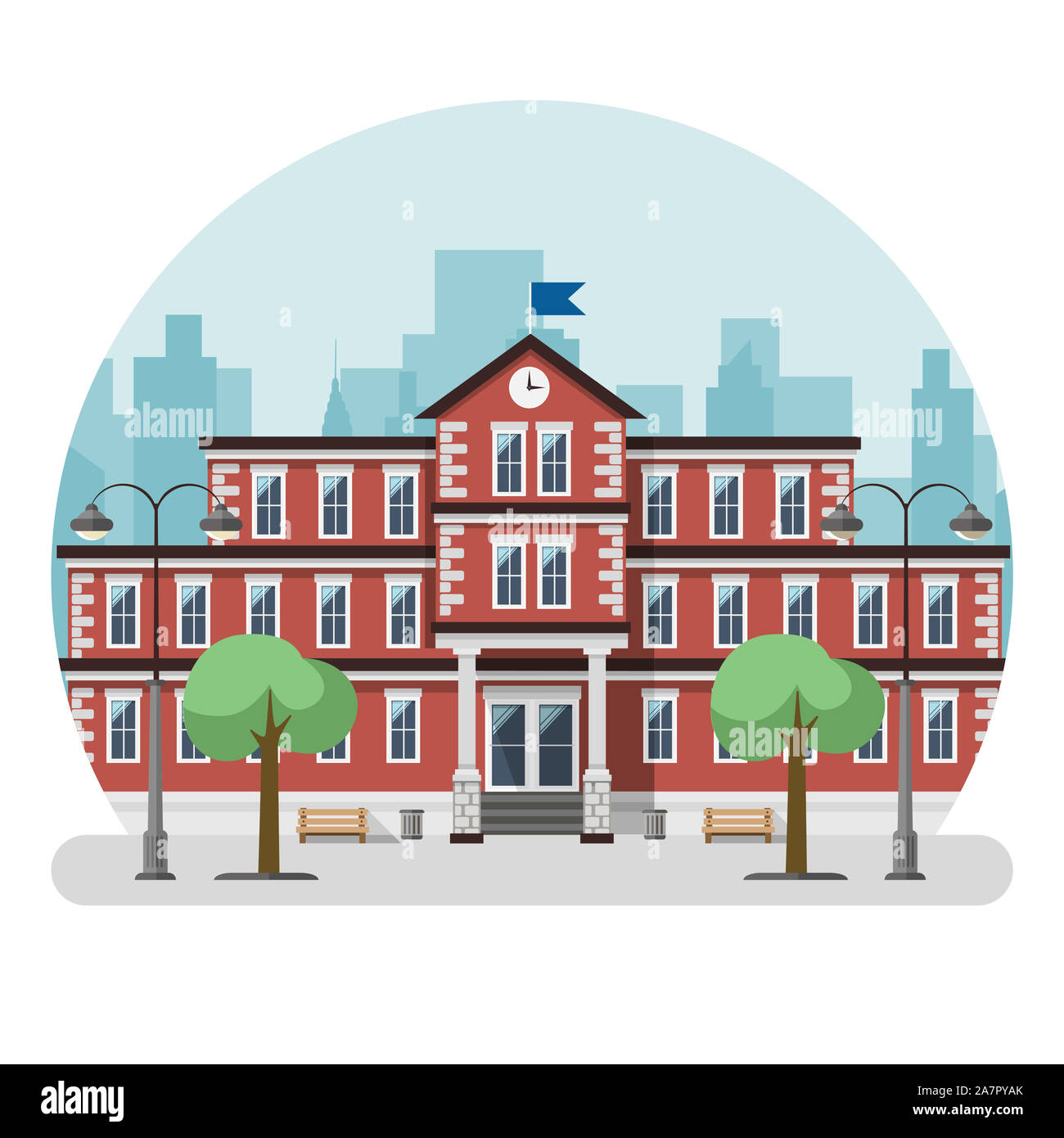 School building in a big city. Flat design. Vector illustration Stock Photo