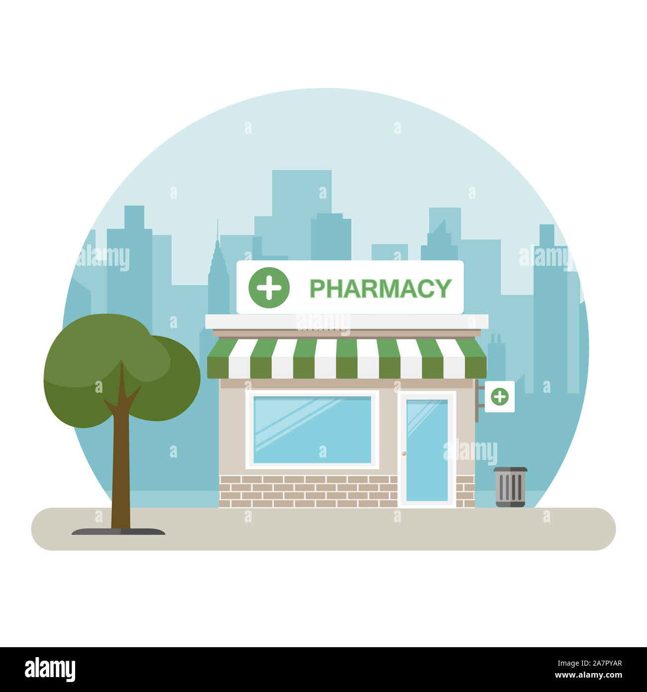 Pharmacy building in a big city. Flat design. Vector illustration Stock Photo