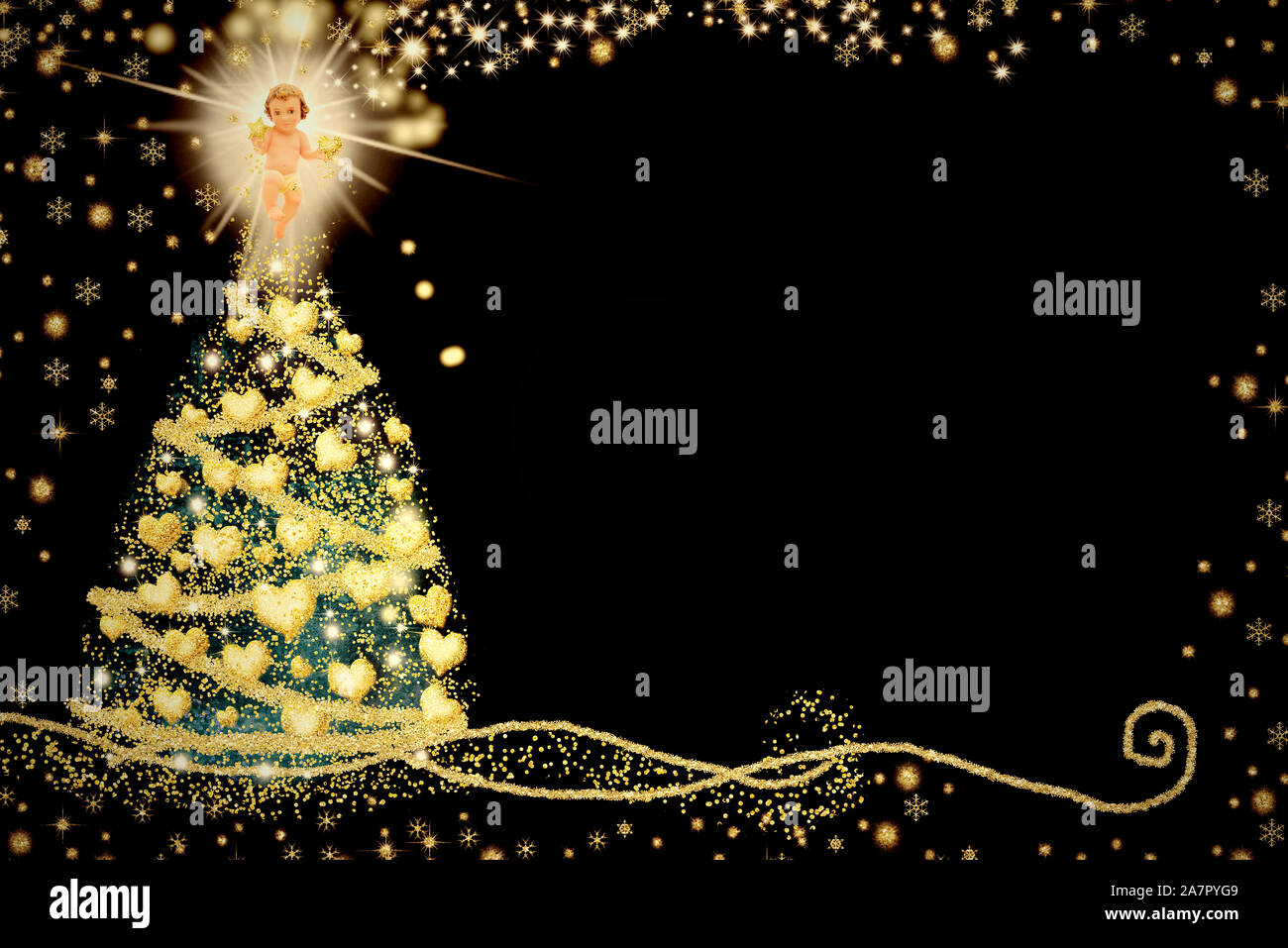 Christmas Nativity Scene greetings cards, vintage figurine Baby Jesus and  abstract freehand xmas tree with hearts in golden glitter, black paper  backg Stock Photo - Alamy