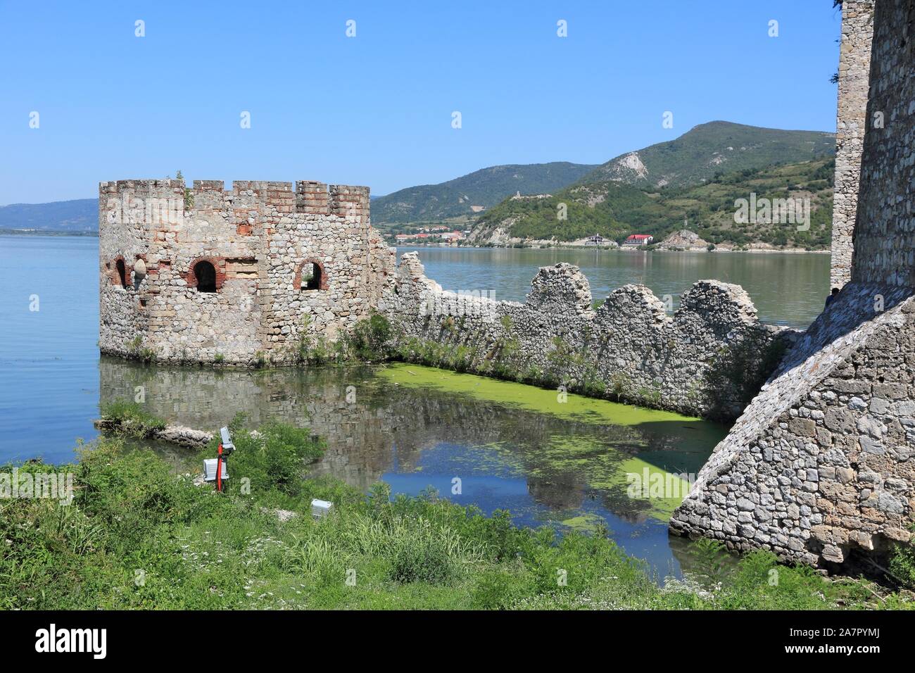Serbia landmark. Golubac Fortress on Danube River in region of Branicevo. Stock Photo