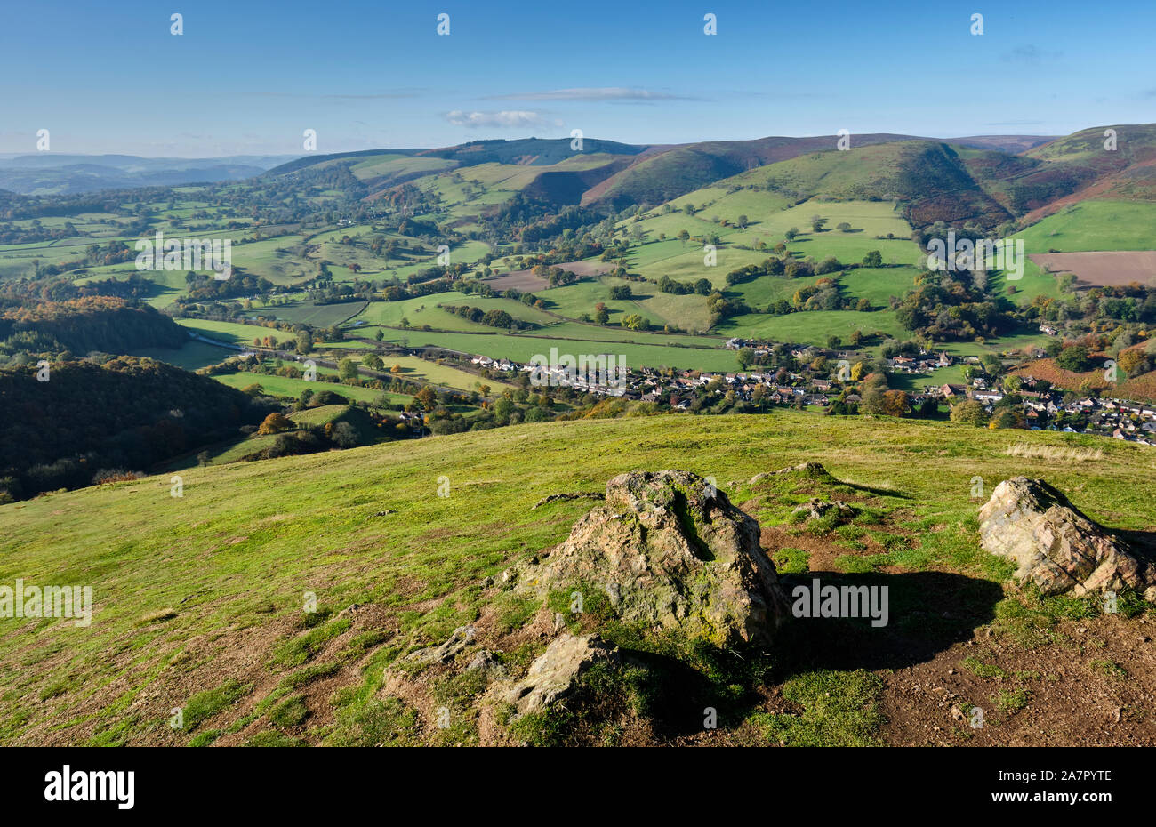 Minton, Minton Hill and Ashes Hollow on the Long Mynd, seen from Ragleth Hill, Church Stretton, Shropshire Stock Photo