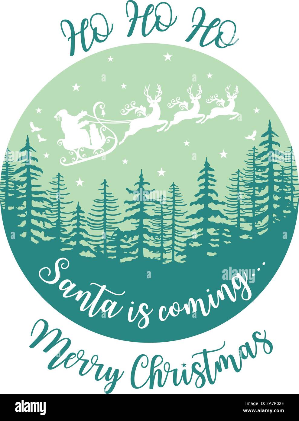 Santa Claus flying over winter forest with reindeer and sleigh, vector Christmas card Stock Vector