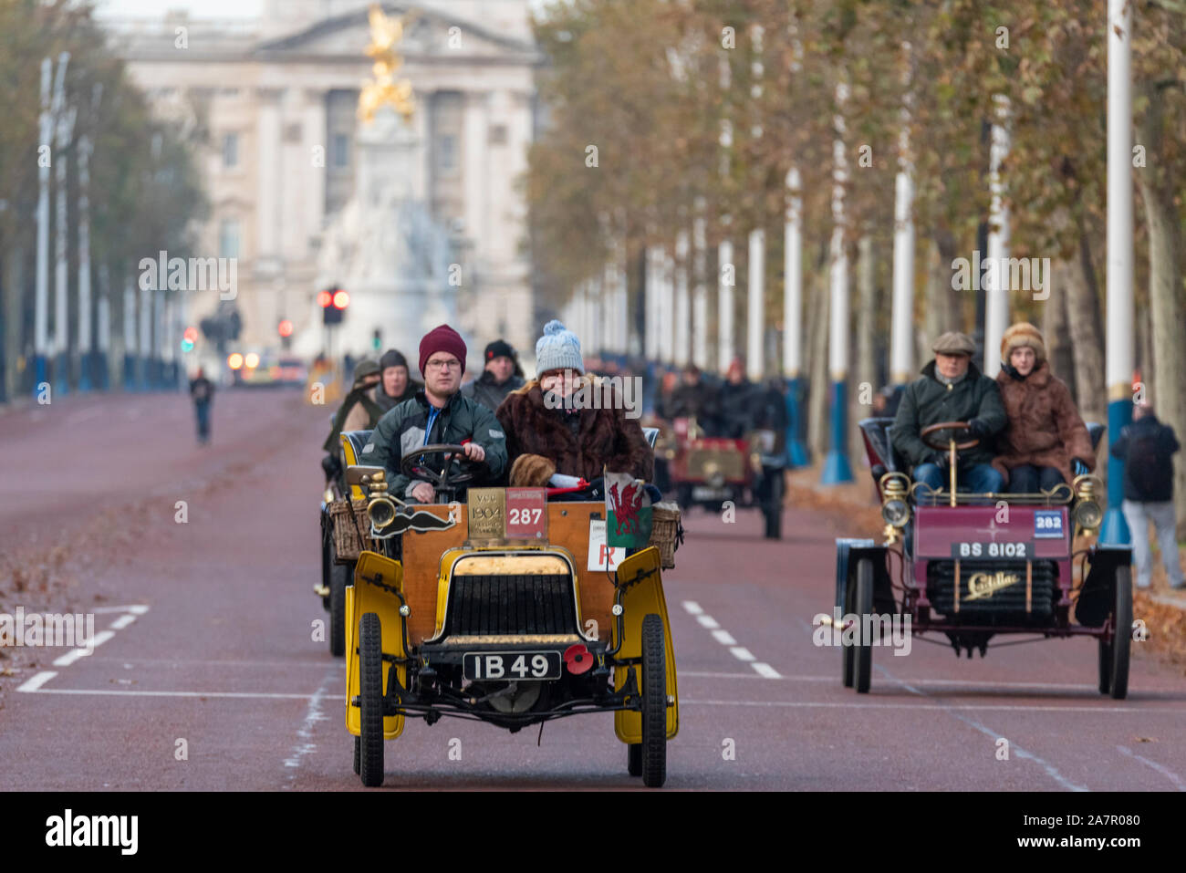 1904 Alldays vintage car being driven through Westminster at the start of the London to Brighton veteran car run in November 2019. The Mall. Cars Stock Photo