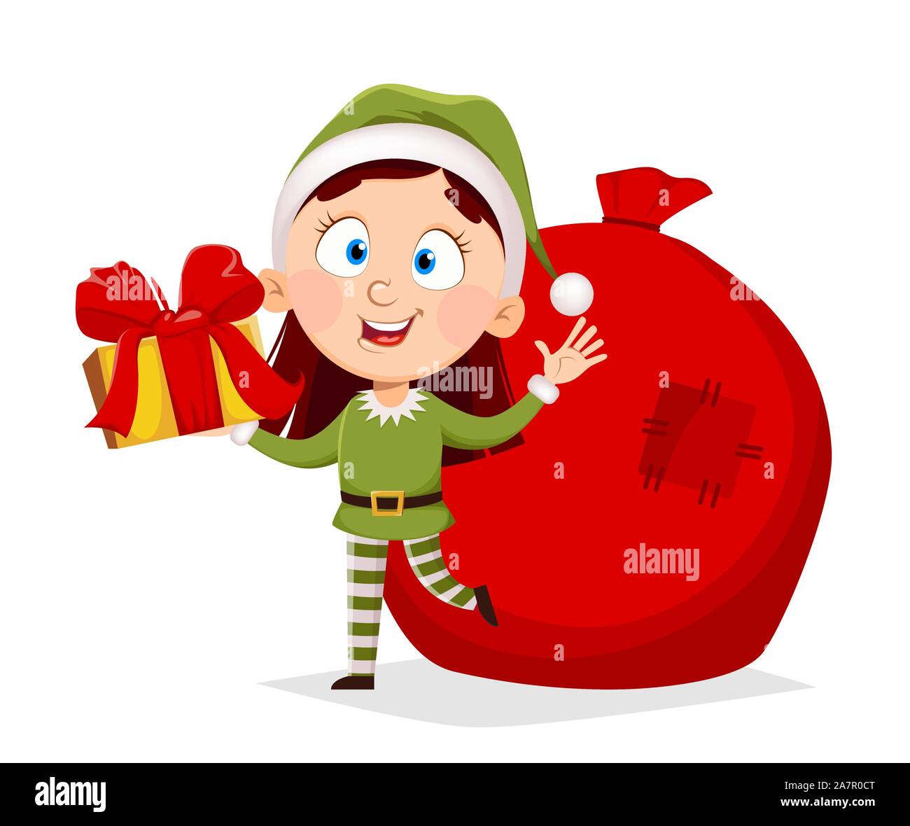 Merry Christmas Greeting Card With Funny Lady Elf Female