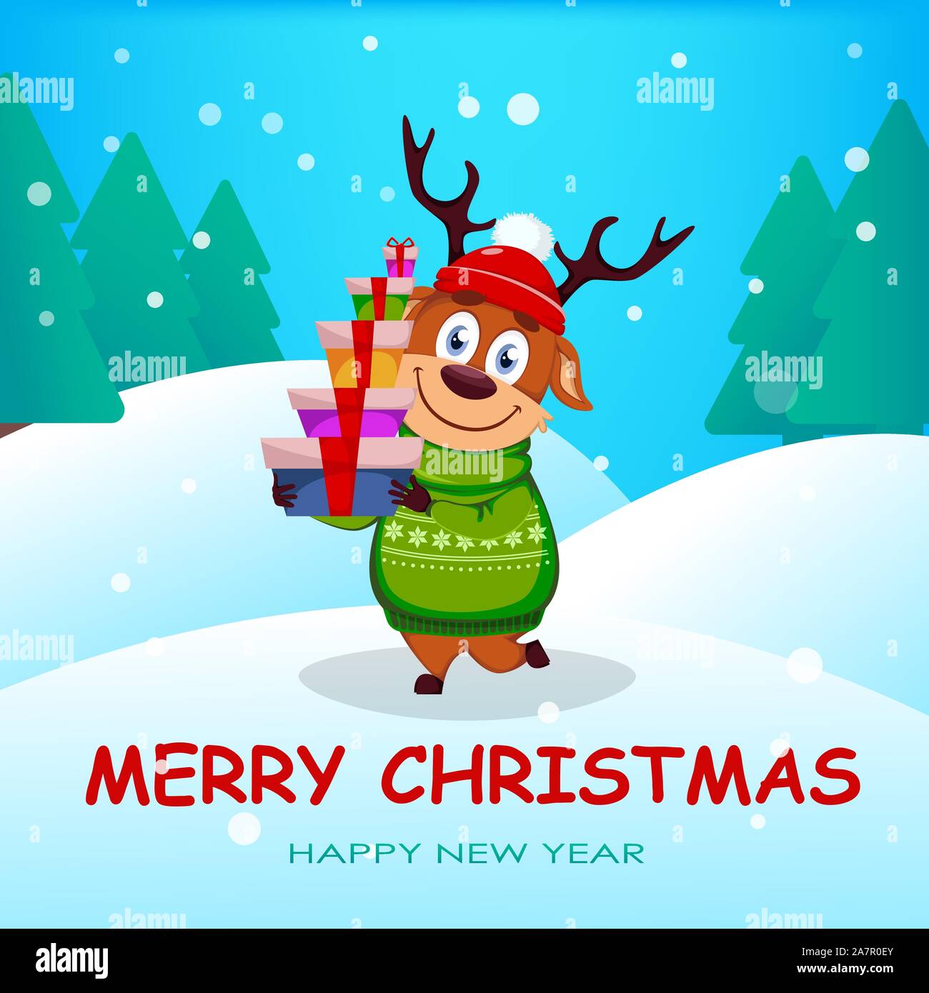 Merry Christmas greeting card with funny reindeer holding gift boxes. Cute  cartoon character. Vector illustration with winter forest on background  Stock Vector Image & Art - Alamy