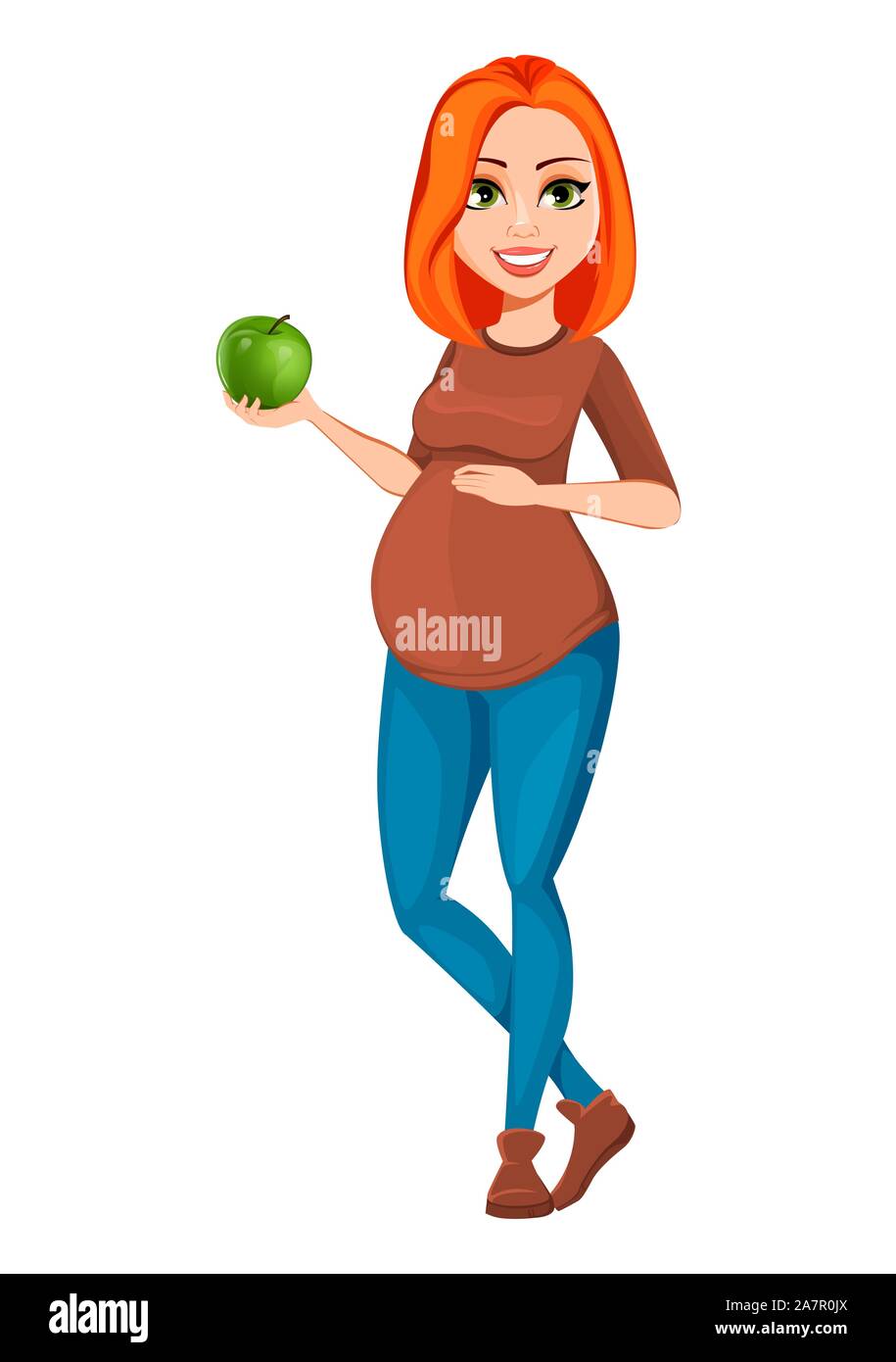Beautiful pregnant woman holds green apple. Cheerful pregnant lady cartoon character. Vector illustration isolated on white background Stock Vector