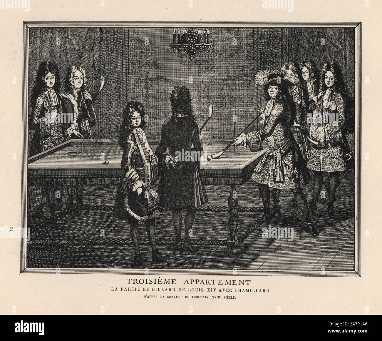 The royal game of billiards between Louis XIV and Michel Chamillard in the third apartment. After an engraving by Antoine Trouvain, 1698. Lithograph from Henry Rene Allemagne's Sports and Games of Skill (Sports et Jeux d'Adresse), Librairie Hachette, Paris, 1903. Stock Photo