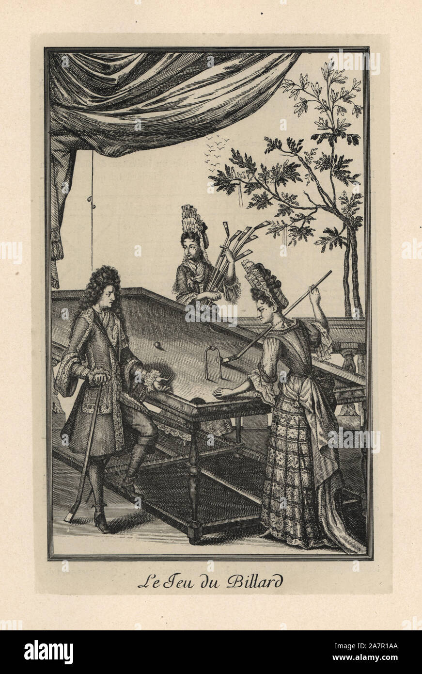 Louis XIV returning from a hunt to find the Duchess of Burgundy playing billiards. From an engraving published by Bonnard, 1704. Lithograph from Henry Rene Allemagne's Sports and Games of Skill (Sports et Jeux d'Adresse), Librairie Hachette, Paris, 1903. Stock Photo