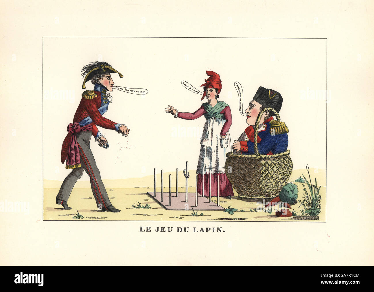 The fairground game of quoits or hoopla, jeu du lapin, 1815. Satirical print by showing the Duke of Wellington winning Napoleon Bonaparte as the prize. Handcoloured lithograph from Henry Rene Allemagne's Sports and Games of Skill (Sports et Jeux d'Adresse), Librairie Hachette, Paris, 1903. Stock Photo