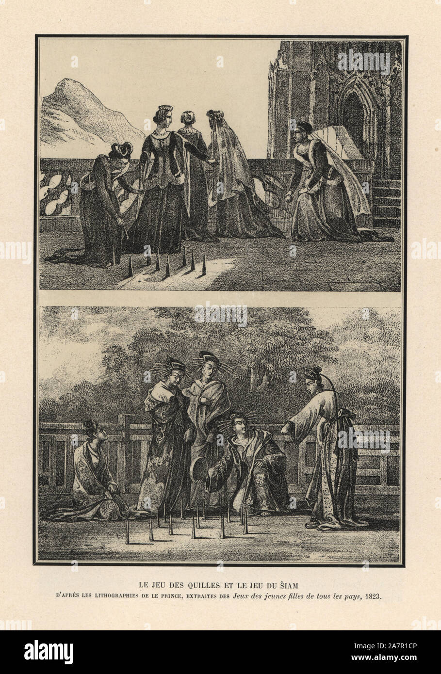 Medieval noble women playing skittles on a castle terrace, and Siamese women playing skittles. Lithograph from Henry Rene Allemagne's Sports and Games of Skill (Sports et Jeux d'Adresse), Librairie Hachette, Paris, 1903. Stock Photo
