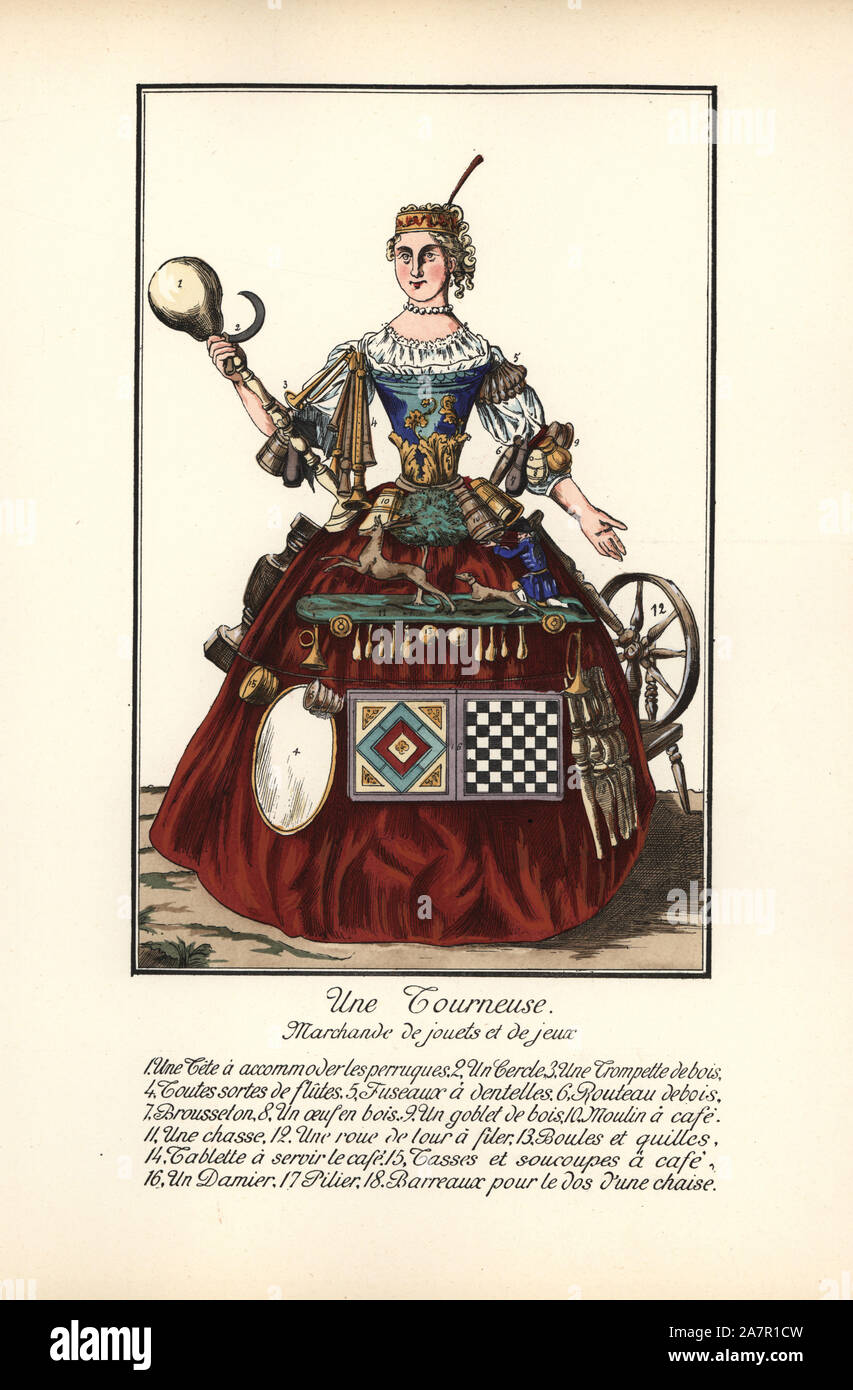 Itinerant lathe turner (tourneuse) wearing a dress covered in wooden toys and games. She holds a head for a wig 1, scythe 2, trumpet 3, flutes 4, lace bobbins 5, rolling pin 6, egg 8, goblet 9, coffee mill 10, carved hunting scene 11, spinning wheel 12, bowls and skittles 13, coffee tray 14, cups and saucers 15, chequerboard 16, chair legs 17, and bars for a chair back 18. Handcoloured lithograph from Henry Rene Allemagne's Sports and Games of Skill (Sports et Jeux d'Adresse), Librairie Hachette, Paris, 1903. Stock Photo