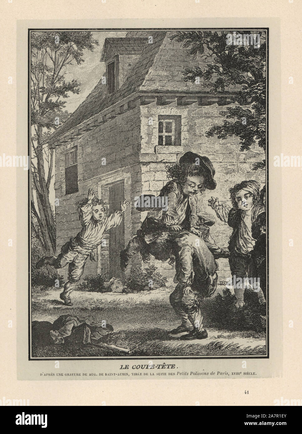Peasant boys playing coupe-tete or leap-frog in front of a farmhouse. After an engraving by Augustin de Saint-Aubin, 18th century. Lithograph from Henry Rene Allemagne's Sports and Games of Skill (Sports et Jeux d'Adresse), Librairie Hachette, Paris, 1903. Stock Photo