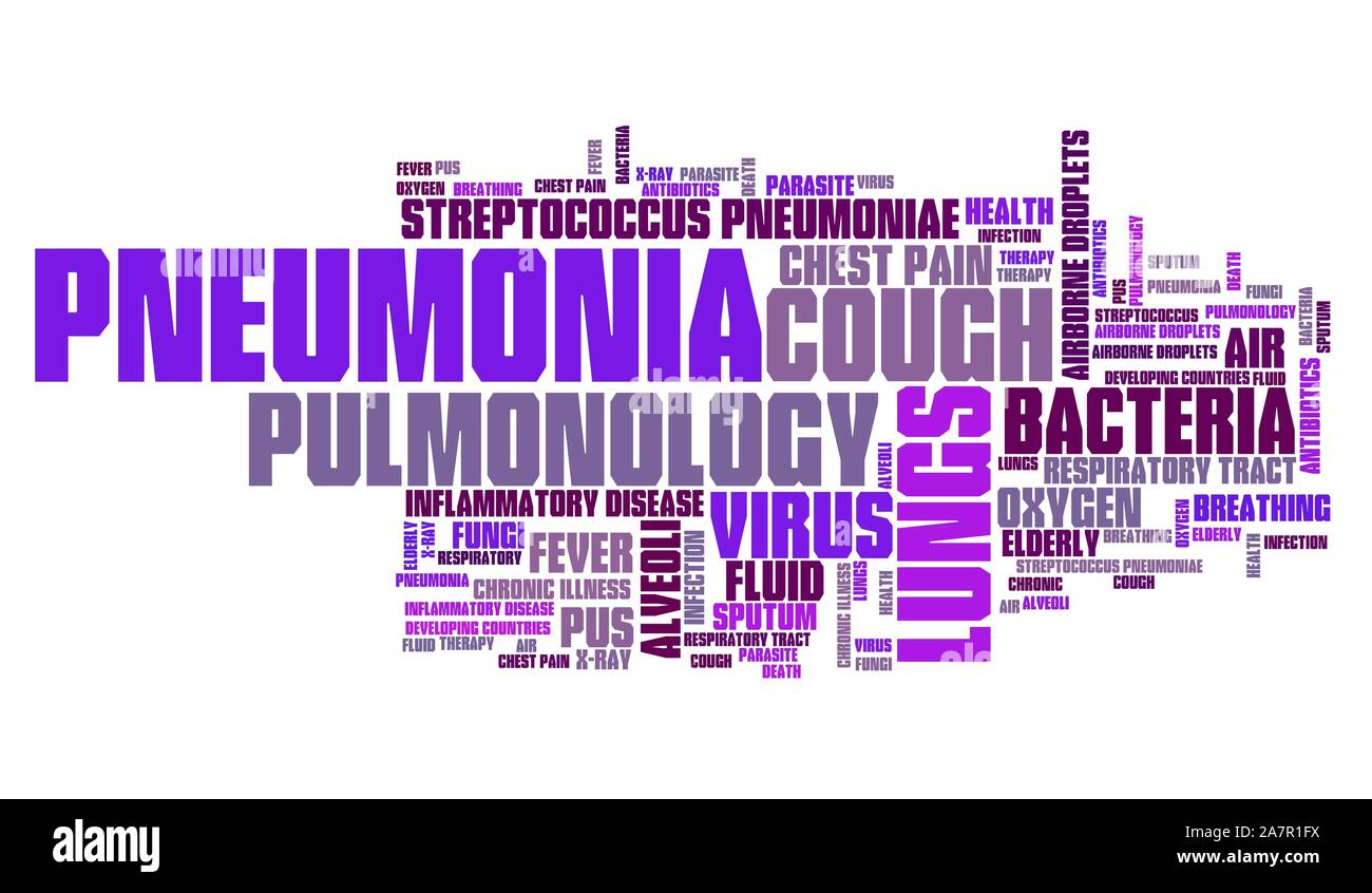Pneumonia - respiratory tract sickness with infected lungs. Health care word cloud. Stock Photo