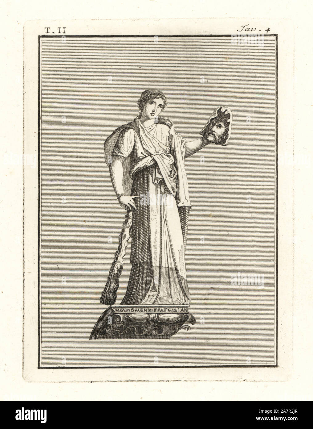Melpomene, Roman muse of tragedy, holding a tragic mask and club. She wears a veil and narrow band with laurel wreath. Copperplate engraving by Tommaso Piroli from his Antiquities of Herculaneum (Antichita di Ercolano), Rome, 1789. Stock Photo