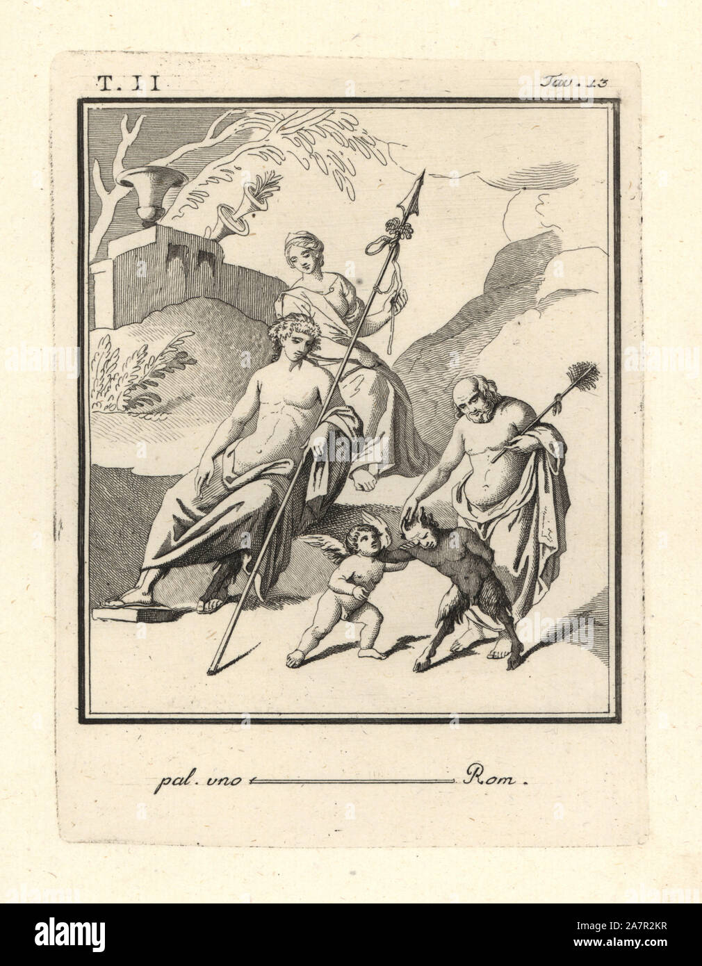 Bacchus in crown of vine leaves watching a fight between Cupid and a satyr. Silenus has his right hand on the head of a satyr. Copperplate engraving by Tommaso Piroli from his Antiquities of Herculaneum (Antichita di Ercolano), Rome, 1789. Stock Photo