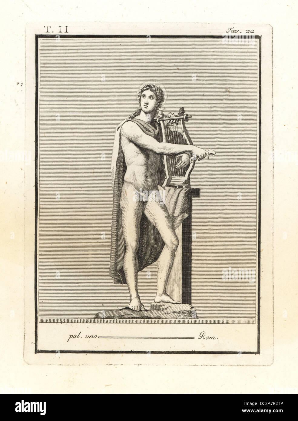Statue of Apollo in copper. He is depicted with halo, cithara (lyre) and plectrum. Copperplate engraving by Tommaso Piroli from his Antiquities of Herculaneum (Antichita di Ercolano), Rome, 1789. Stock Photo