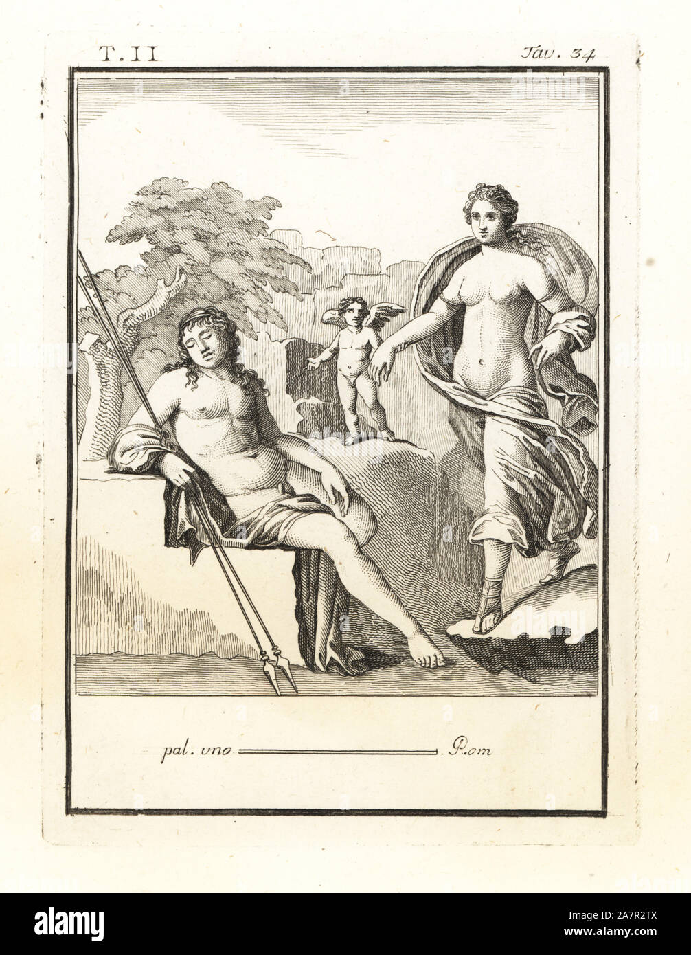 Diana, the moon goddess, led by Amore (cupid) to fall in love with the sleeping shepherd Endymion. Copperplate engraving by Tommaso Piroli from his Antiquities of Herculaneum (Antichita di Ercolano), Rome, 1789. Stock Photo