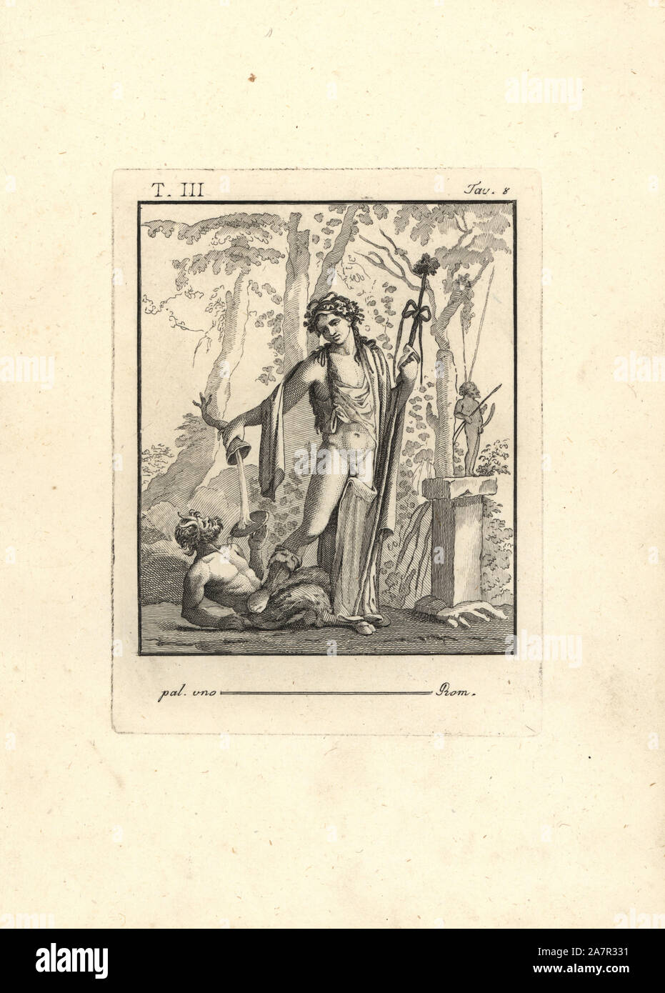 Bacchus with thyrsus, tripod horn and crown of leaves standing in a forest. He stands on a drunken satyr in front of a statue of Priapus. Copperplate engraving by Tommaso Piroli from his Antiquities of Herculaneum (Antichita di Ercolano), Rome, 1790. Stock Photo