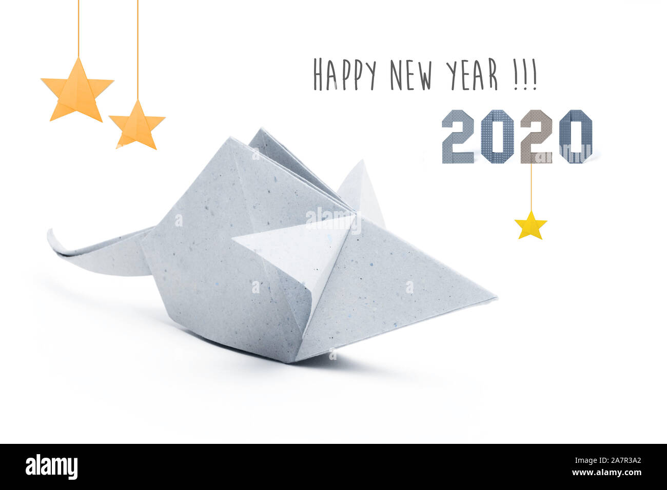 Chinese new year 2020 rat zodiac origami paper silver on white background Stock Photo