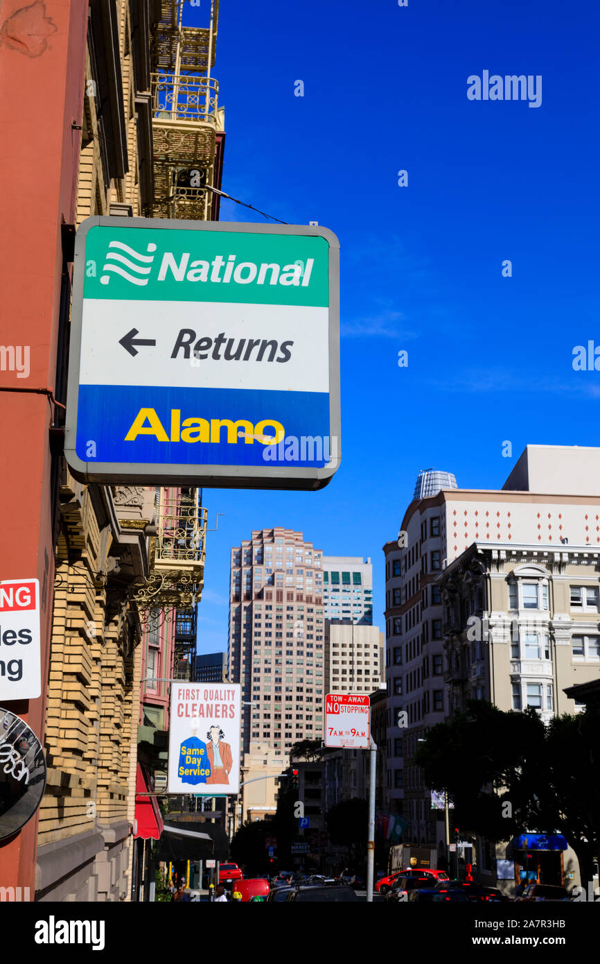 National Alamo car rental returns sign, Bush Street, San Francisco, California, United States of America Stock Photo