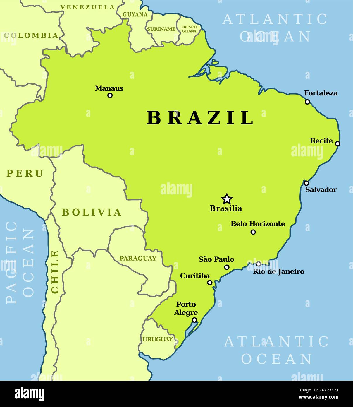 Map Of Brazil Country Outline With Largest Cities Including Brasilia Capital City Stock