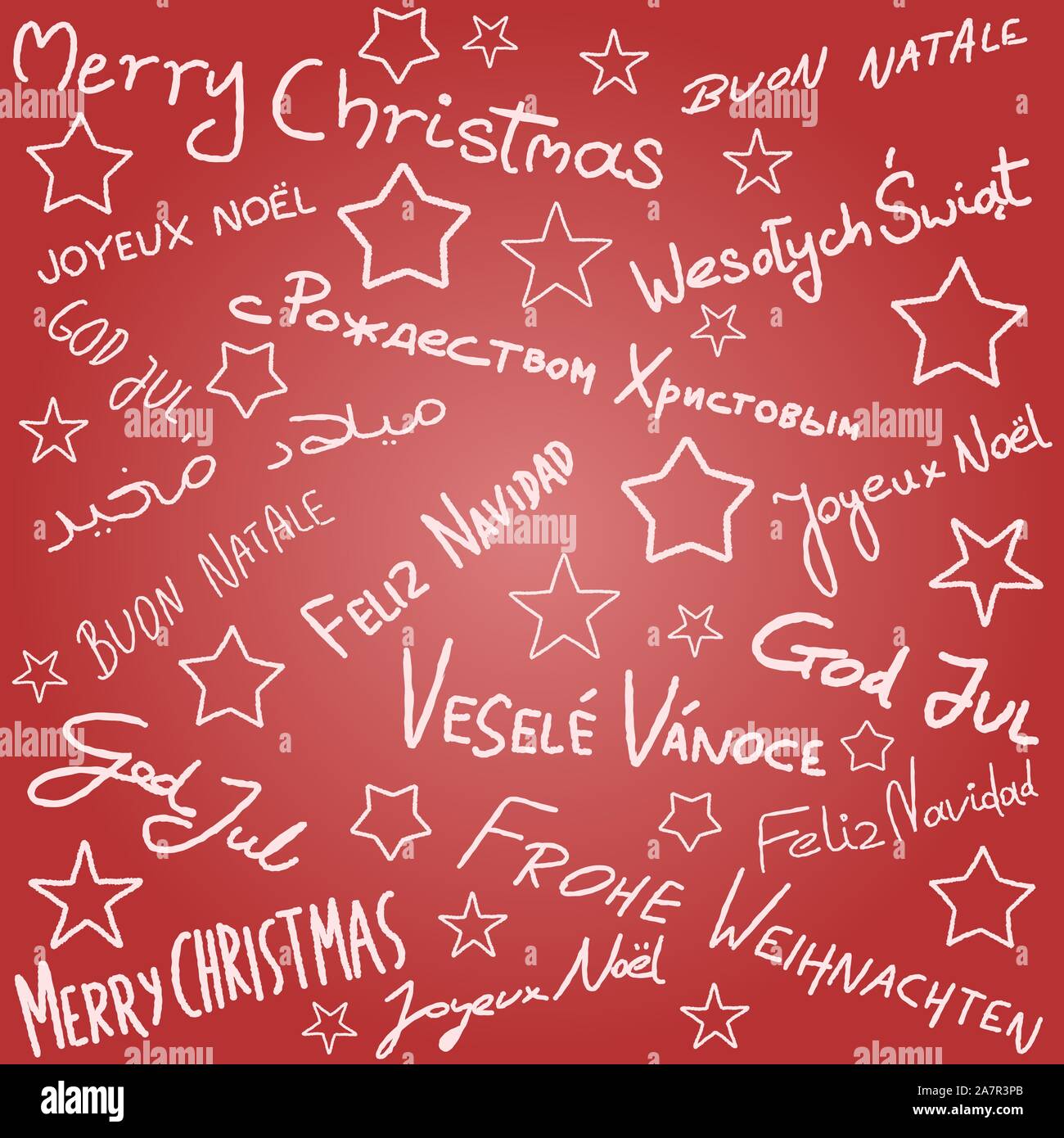 Merry Christmas season wishes doodle in multiple languages. Christmas