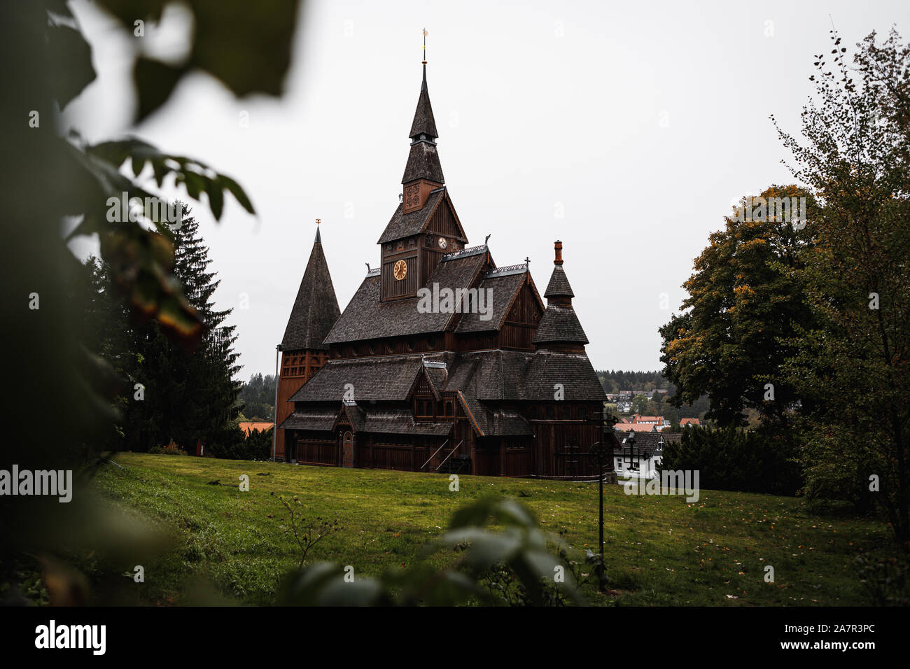 Old wooden Gustav Adolf Stave Church in Hahnenklee in the Harz region as spotted during a rainy