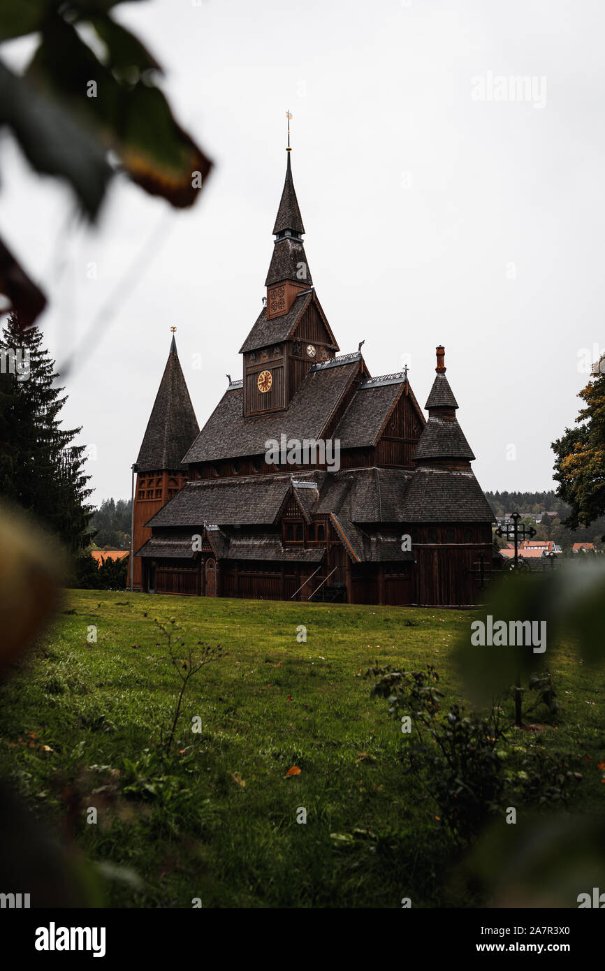 Old wooden Gustav Adolf Stave Church in Hahnenklee in the Harz region as spotted during a rainy