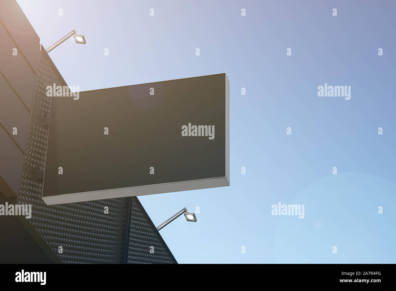Blank black rectangular outdoor box mockup hanging on mall Stock Photo