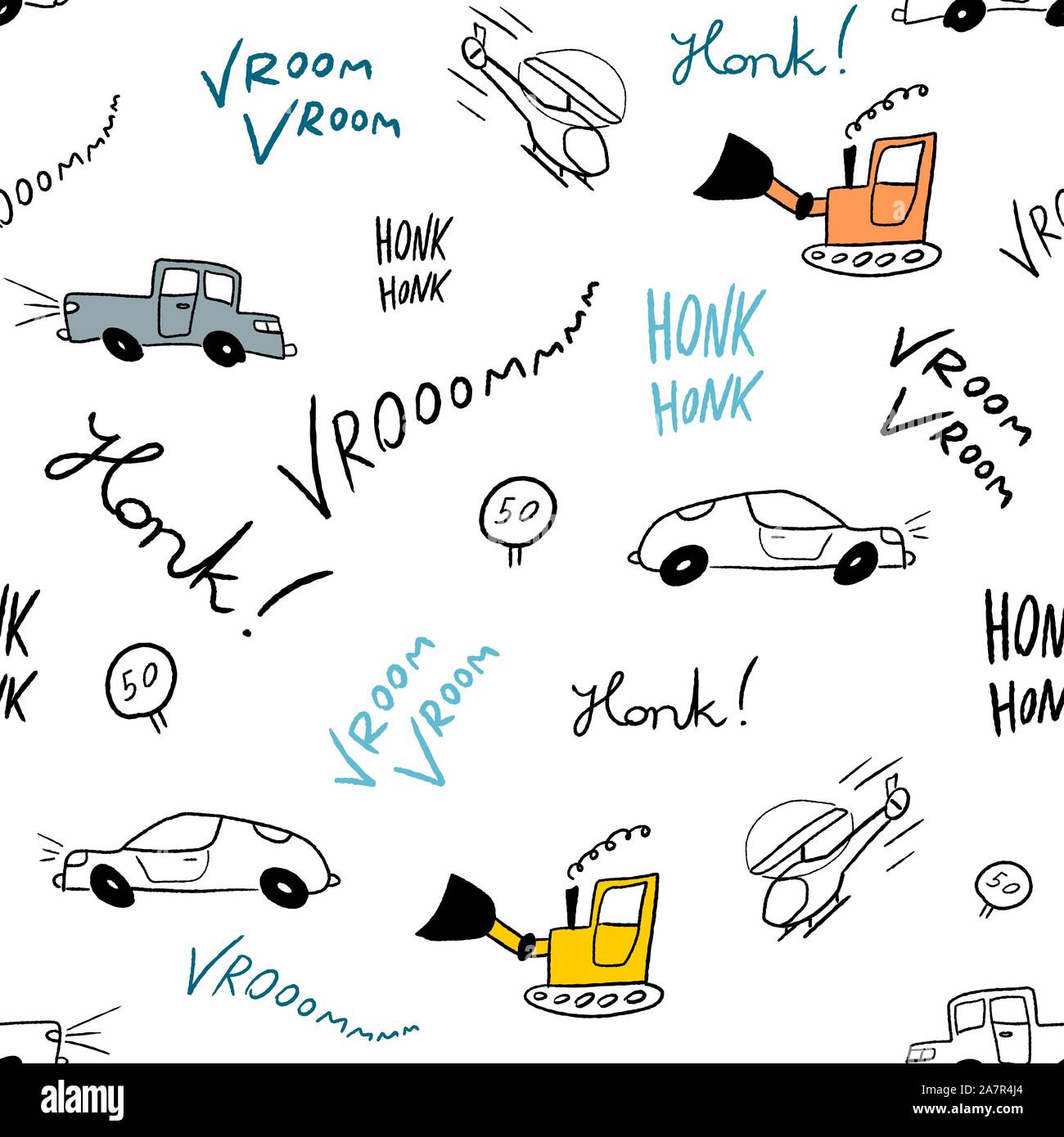 Children bedsheets vector - hand-drawn cartoon cars and helicopters doodle texture. Stock Vector