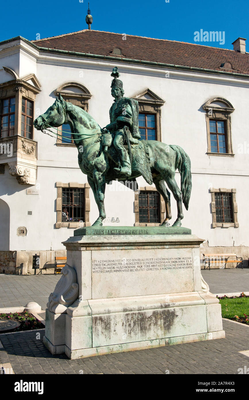 Statue of Andras Hadik, known in Hungary as the 'Hussar of all hussars'. Outside Buda Old Town Hall. Castle District, Budapest Stock Photo