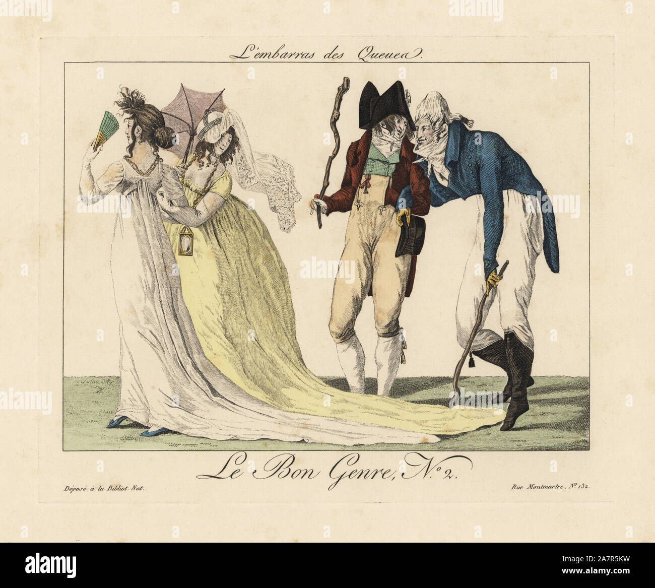 Two incroyables (fops) with cudgels hinder the promenade of two  merveilleuses by pinning the tails of their dresses. One looks back  coquettishly at the ridiculous dandy. Handcoloured engraving from Pierre de  la