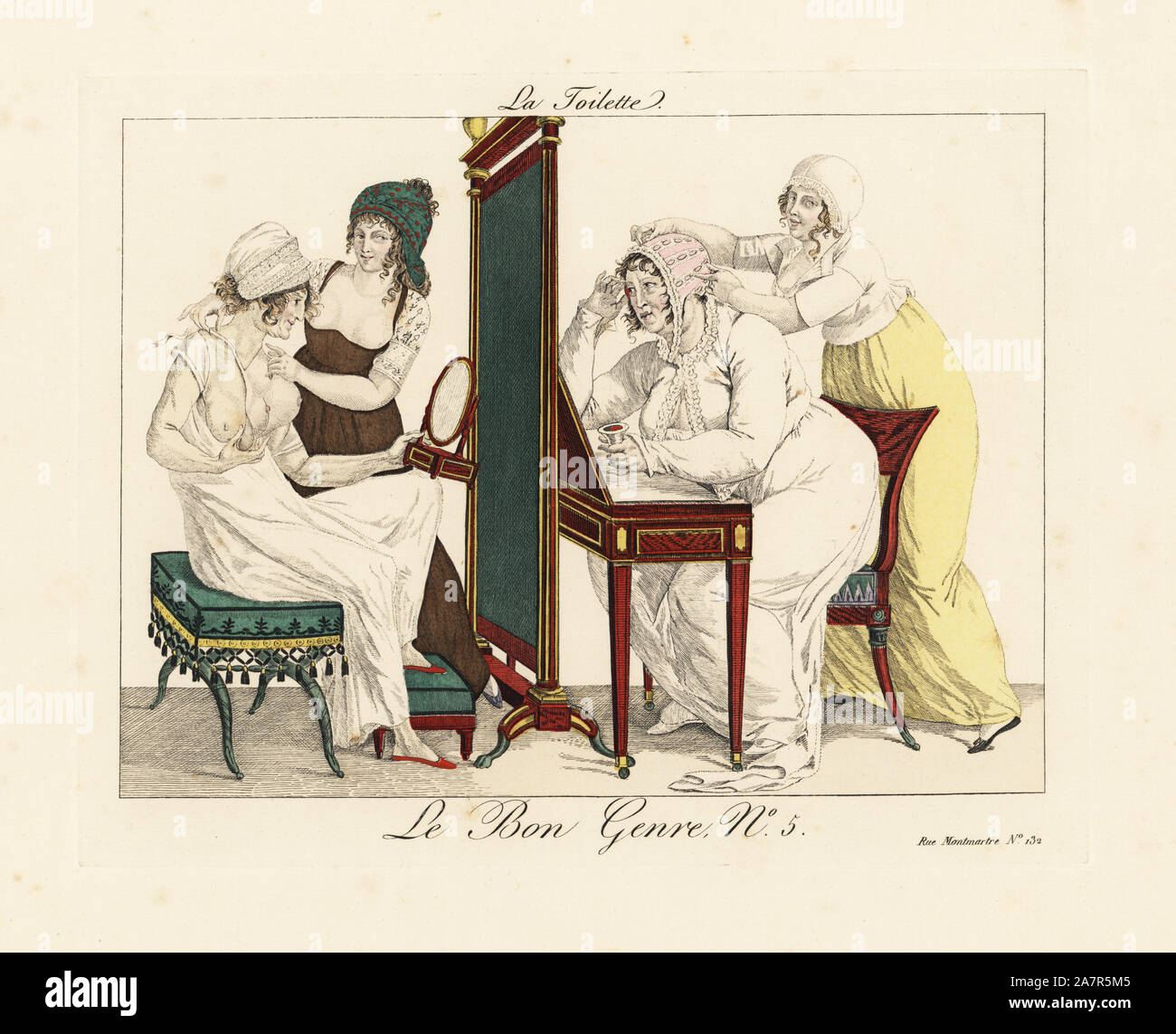 La toilette: Two young women help older women with baby bonnets and false bosoms - while giving knowing looks to the viewer. 'Women of 19 and 20 are in open war with women of a certain age (30). They adopt fashions that suit only them, such as flat bonnets and childish caps.' Handcoloured engraving from Pierre de la Mesangere's Le Bon Genre, Paris, 1817. Stock Photo