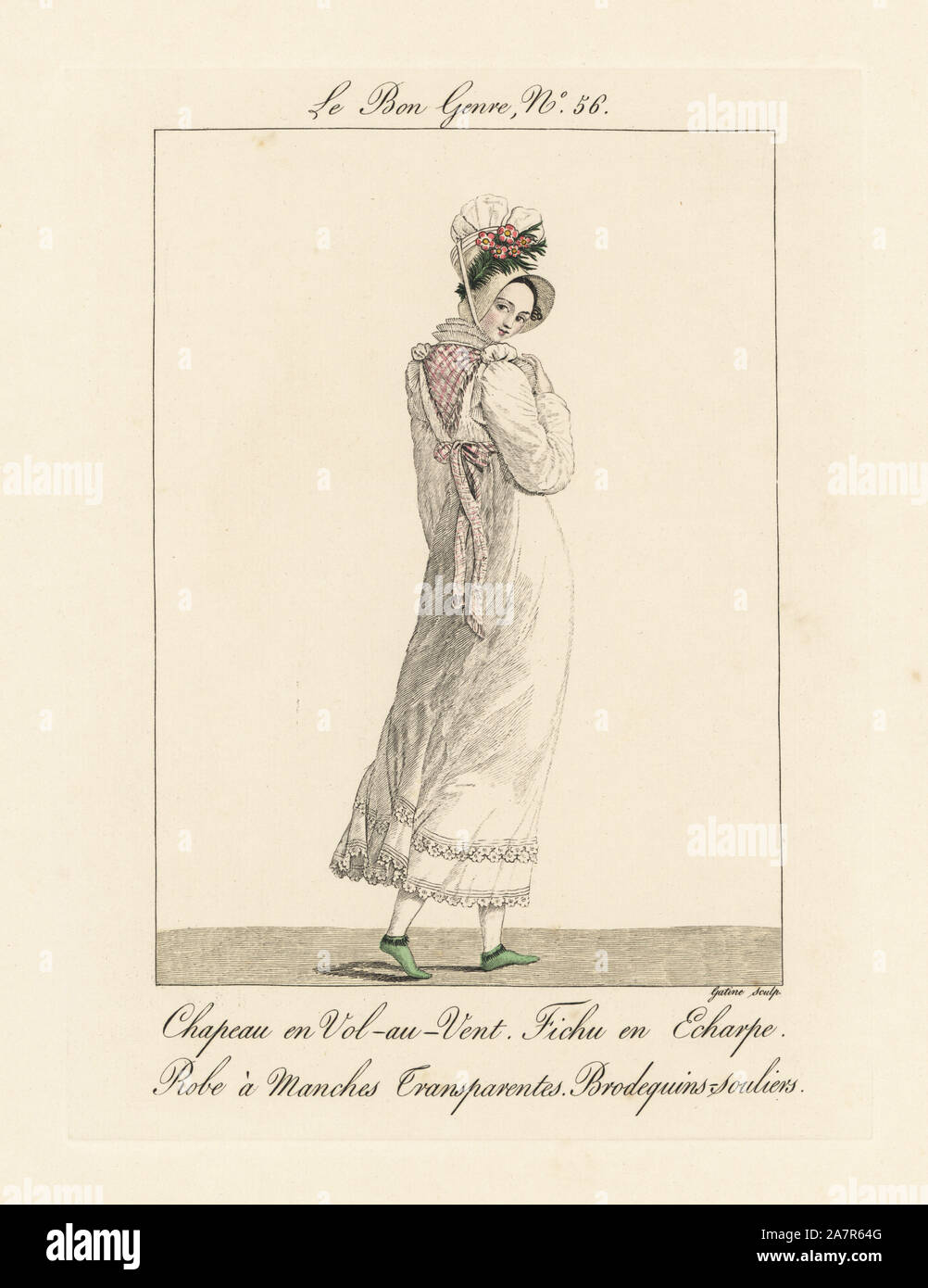 Woman in vol-au-vent bonnet, scarf, dress with transparent sleeves and  brodequin bootees. 
