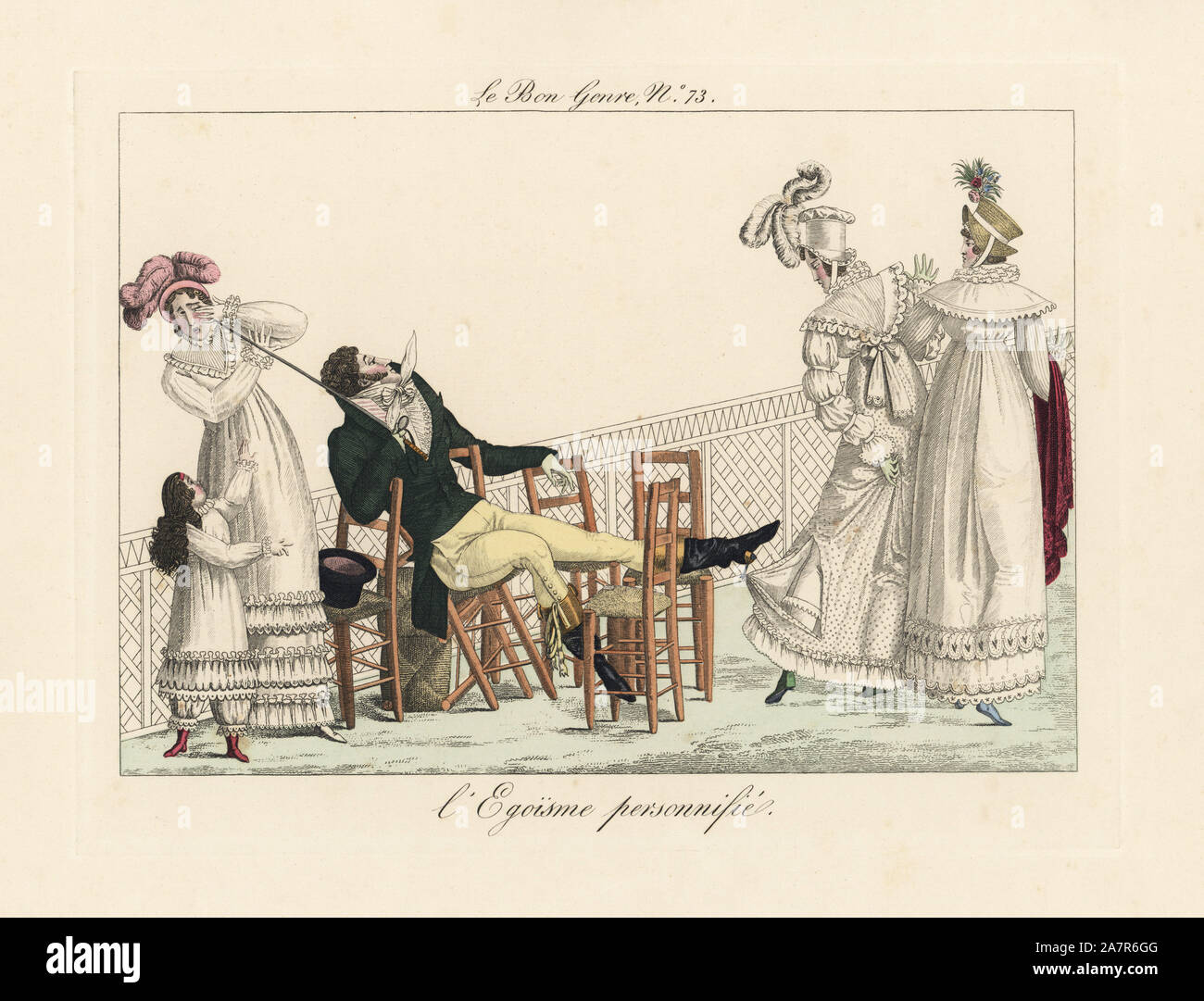 Egoism personified. 'This gentleman occupies six chairs on his own, and without regard to the arrival of strollers, he stretches out an army boot with spur and waves his whip.' Handcoloured engraving from Pierre de la Mesangere's Le Bon Genre, Paris, 1817. Stock Photo