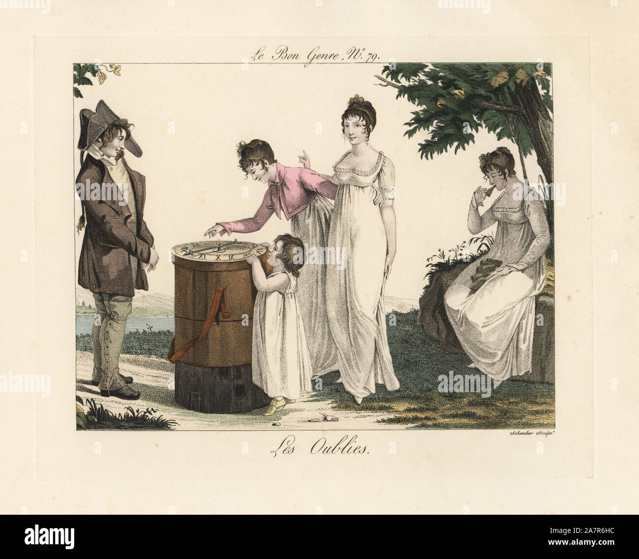 Les Oublies. A woman in the shade of a tree eats oublies (pastries, also known as plaisirs), while two women and a girl spin an arrow on a portable barrel as a man in gaiters looks on. Handcoloured engraving by Schenker from Pierre de la Mesangere's Le Bon Genre, Paris, 1817. Stock Photo