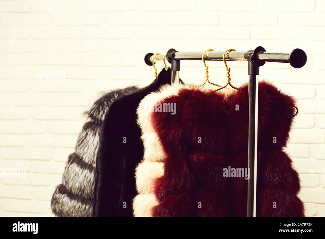 fashionable luxurious waist coats of fur hanging on rack on golden