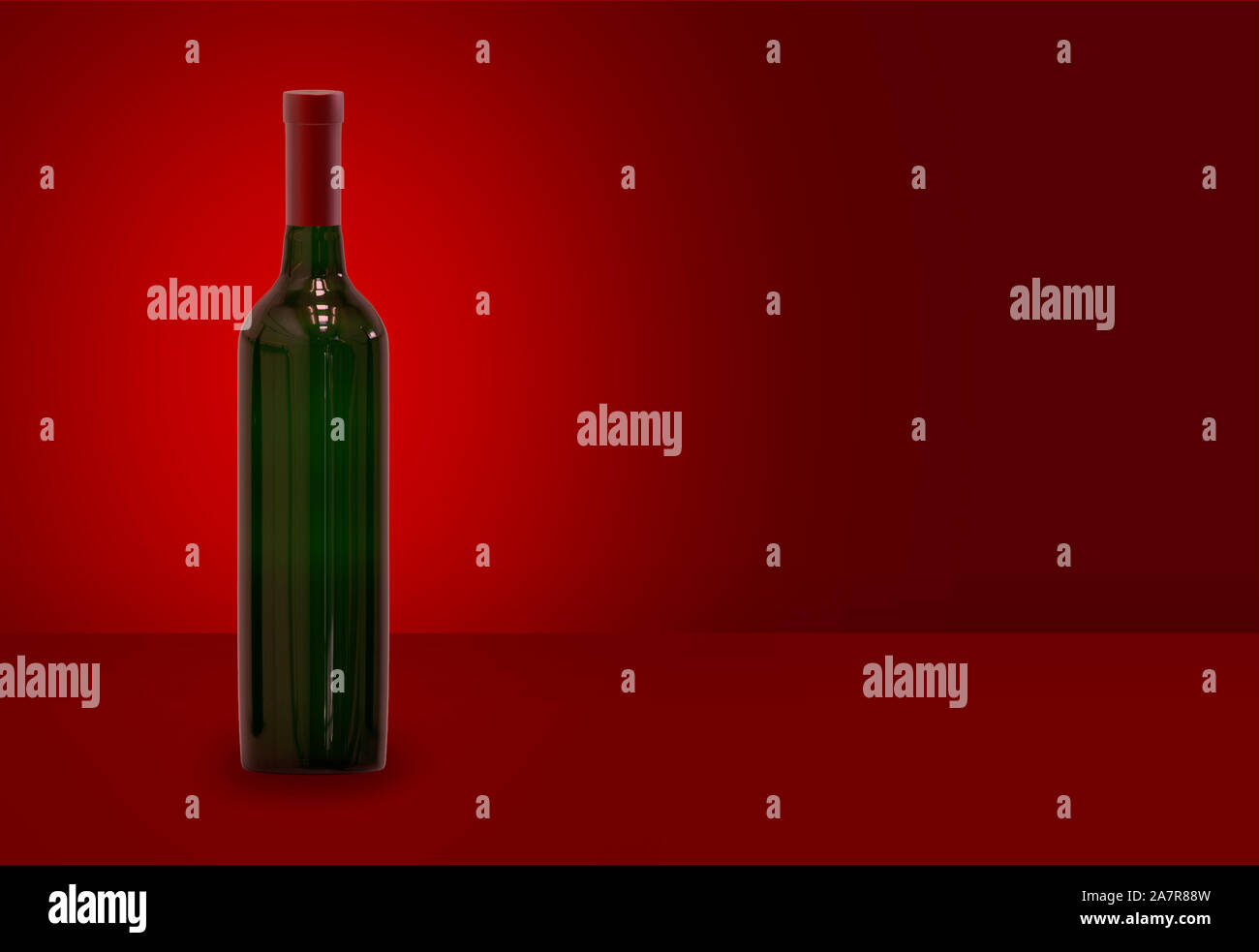 3d rendering.  red wine green bottle glass on red gradient wall background. Stock Photo