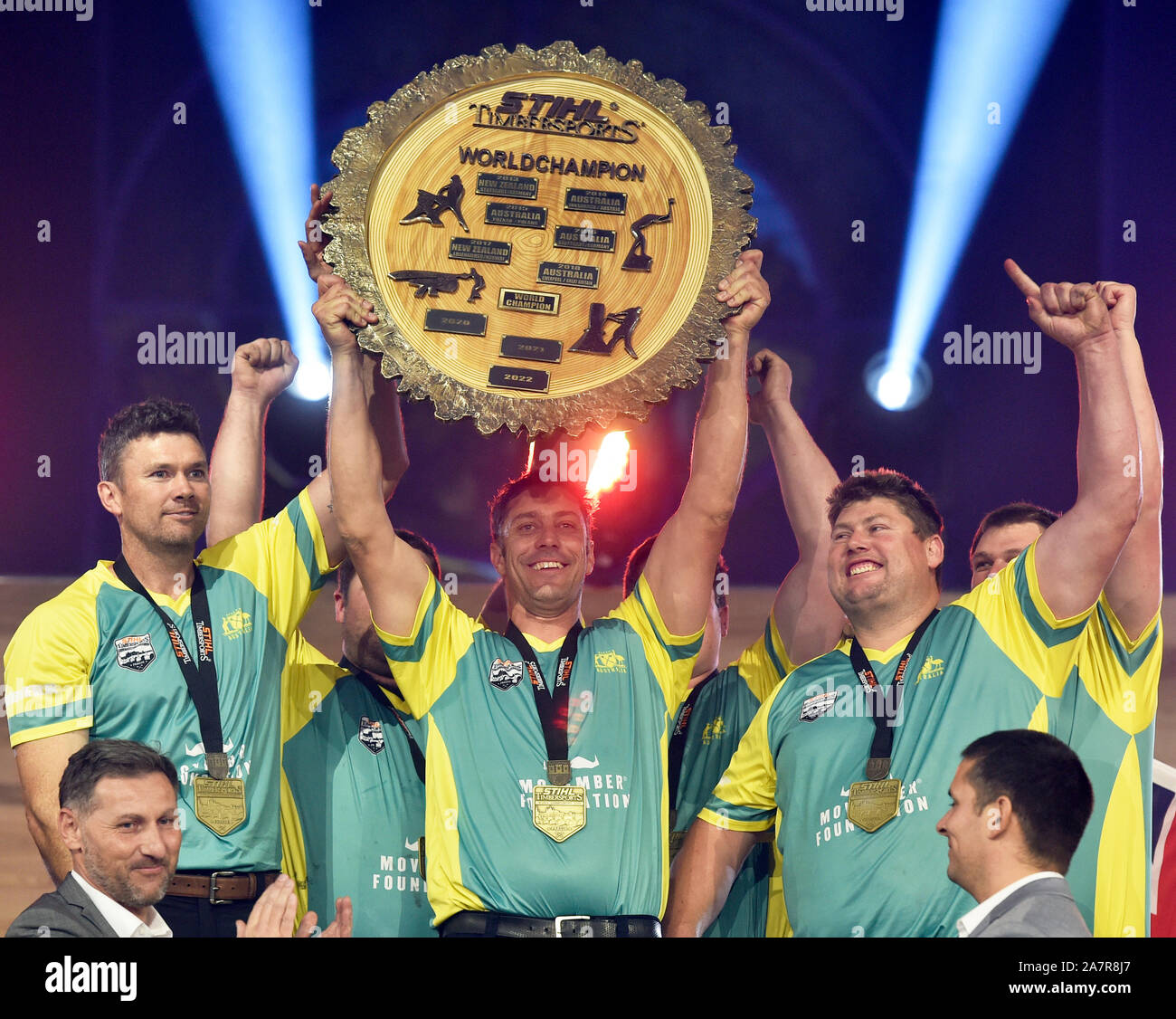 Winning team from Australia is seen in Prague, Czech Republic, on November  1, 2019, during the 2019 STIHL TIMBERSPORTS World Championship. The event  take place on 1st and 2nd November, at the