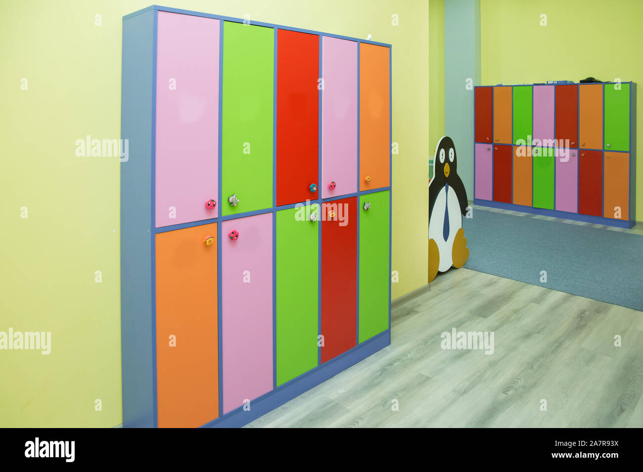 Strong Rows Of Color Lockers In Kindergarden Dressing Room In Pool