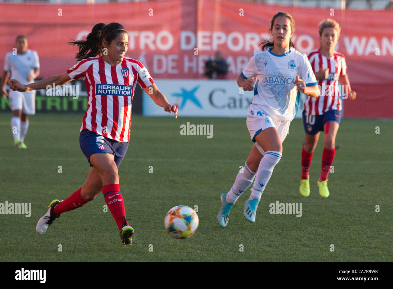 Madrid, Spain. 03rd Nov, 2019. K. Robles (L) and Maria Mendez (R).Atlético de Madrid Female won by 4 to 1 over Deportivo de la Corogne Female, whit goals of Toni Duggan (two goals), Angela Sosa and Charlyn for Atlético de Madrid and Maria Méndez for Deportivo de la Corogne Female. Closed to full entrance (over one thousand people). (Photo by Jorge Gonzalez/Pacific Press) Credit: Pacific Press Agency/Alamy Live News Stock Photo