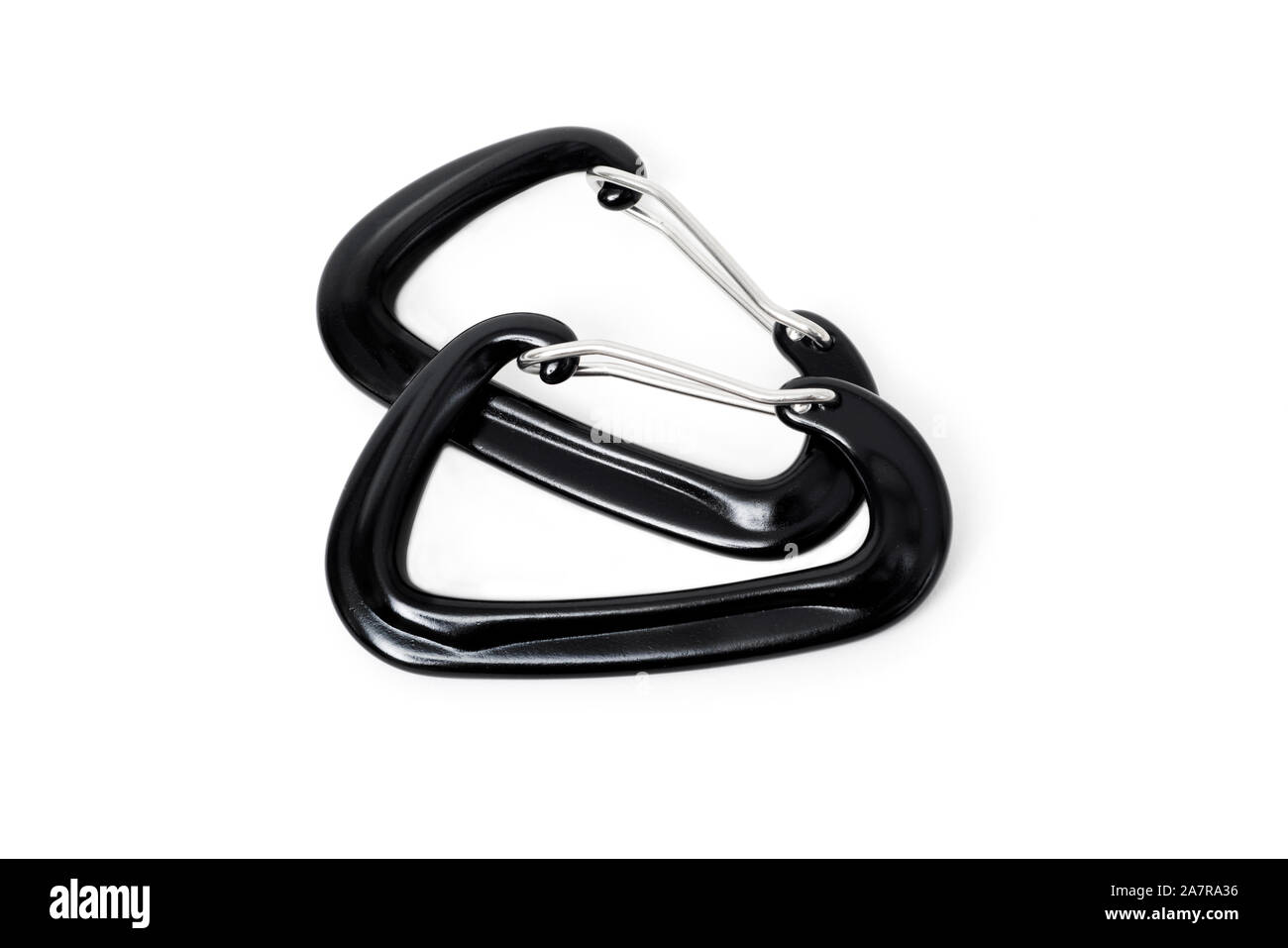 two black aluminium carabiners on a white background Stock Photo