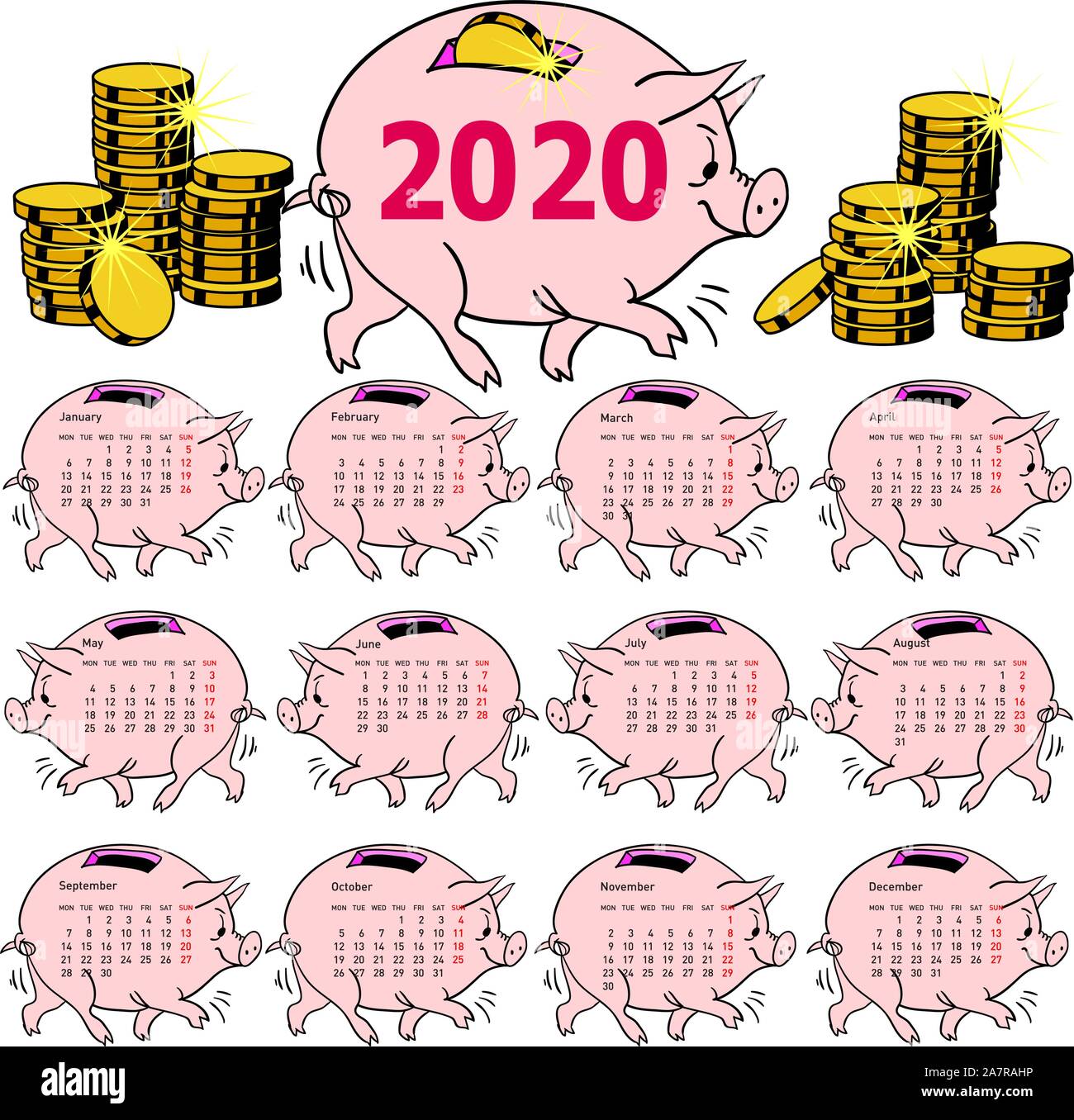 Stylish Calendar Pig Piggy Bank For 2020 Stock Vector Image Art Alamy pigs piggy bank calendar 2021