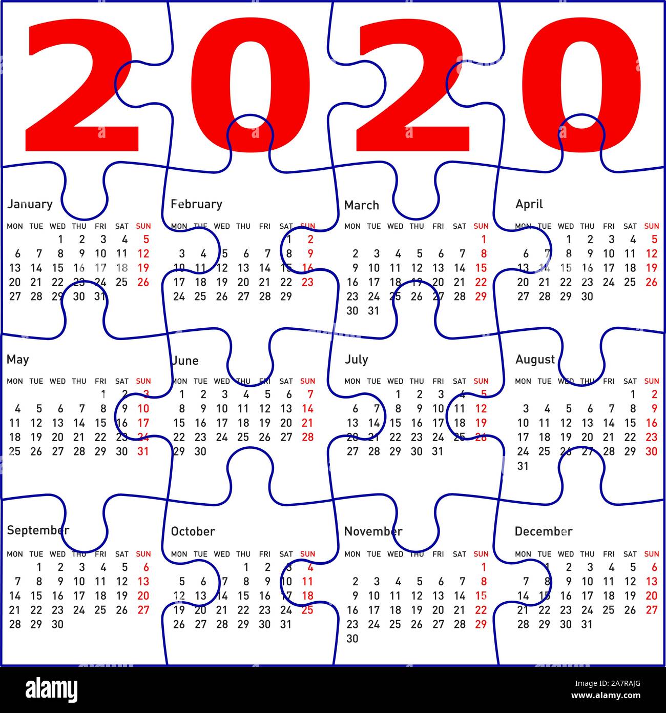 Calendar for 2020, jigsaw puzzle texture background Stock Vector Image