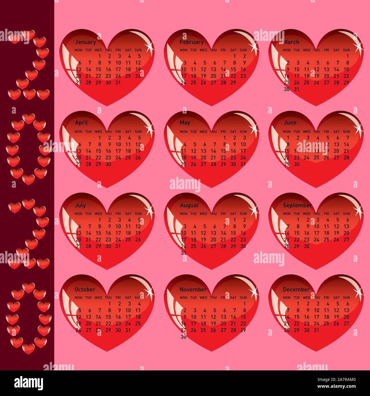 Stylish calendar with red hearts for 2020 Stock Vector Image & Art - Alamy