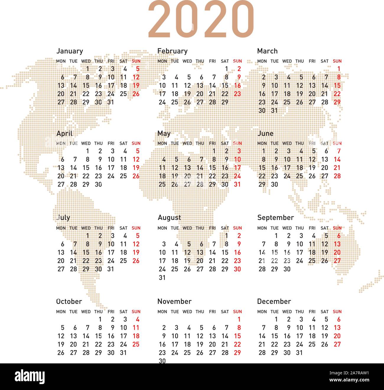 Calendar 2020 with world map. Week starts on Monday. Stock Vector