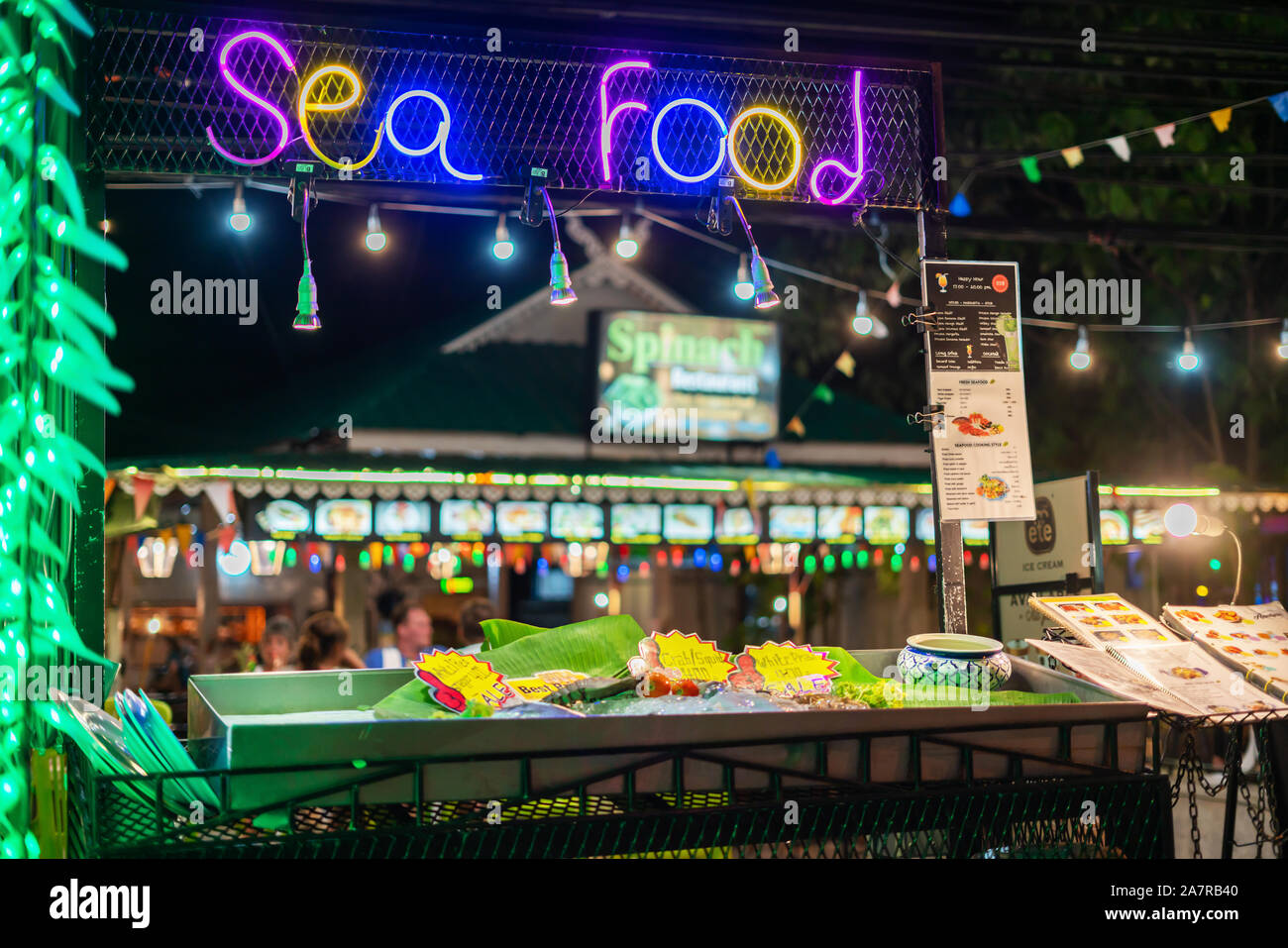 Khao Lak, Thailand, August 30, 2019 seafood neon restaurant sign and